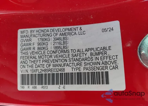 2024 Honda Civic Sport from USA, damaged, VIN 19XFL2H85RE032468